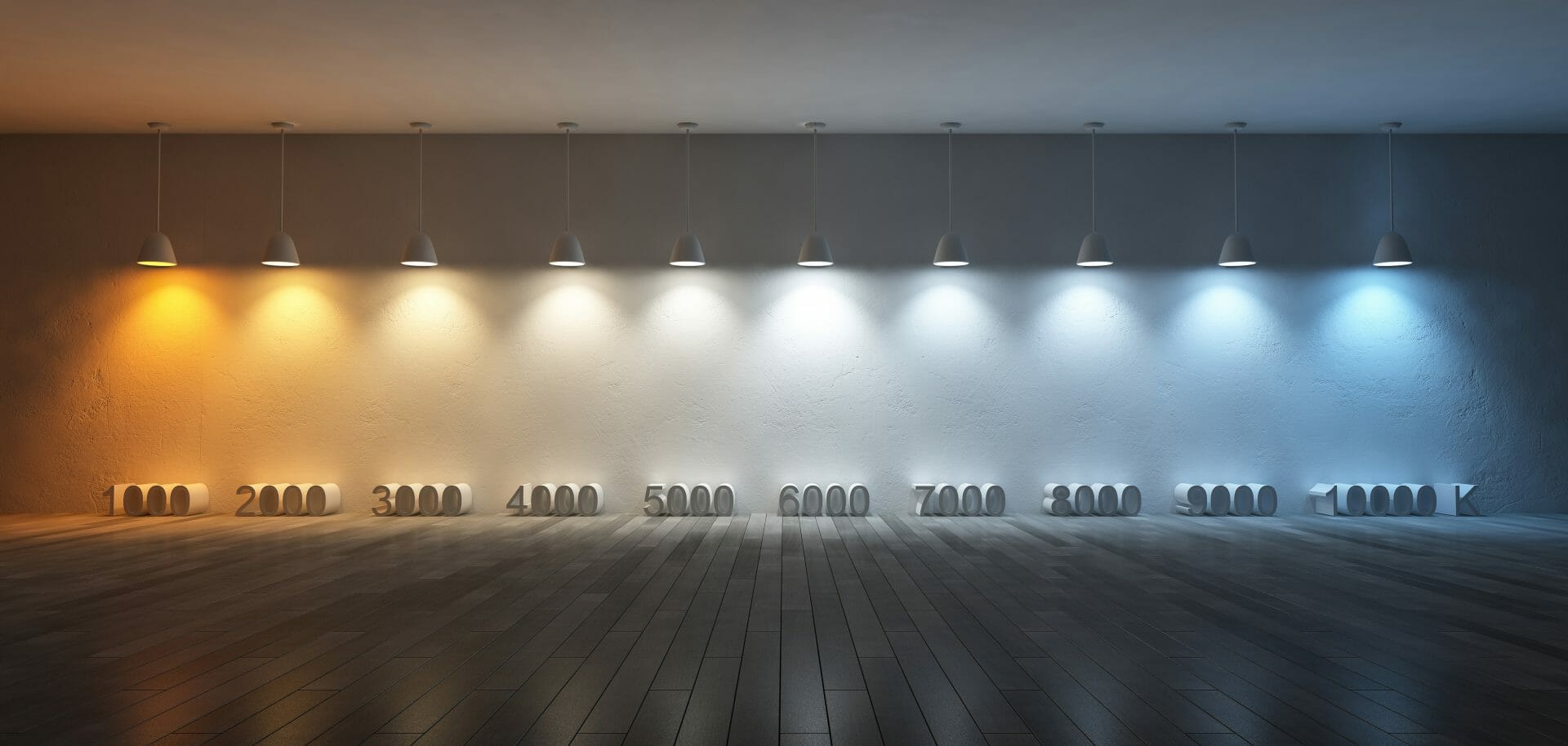 A row of ten pendant lamps each with a different colour temperature bulb shining on a number below of its colour temperature value in Kelvin