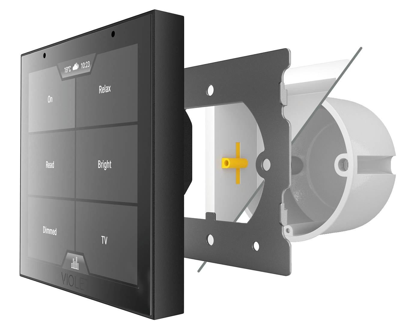 Rithum SmartSwitch Lite render exploded side with scenes screen and both euro and UK back box